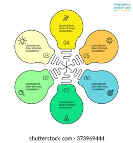 Outline infographics step by step. Connected light bulbs. Linear chart, diagram, scheme, graph with 6 steps, options, parts, processes. Vector thin line design element.