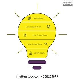 Outline infographics step by step in the form of light bulbs. Search ideas, creative process, brainstorm. Charts, diagrams with 5 steps, options, parts, processes. Vector template for presentation.