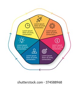 Outline infographics step by step in the form of a rounded heptagon with colored sections. Thin line heptagon chart, graph, diagram with 7 steps, options, parts. Vector template for presentation.