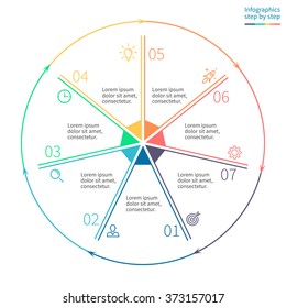 Outline infographics step by step with heptagon in center. Linear pie chart, diagram, scheme, graph with 7 steps, options, parts, processes with arrows. Vector thin line design element.