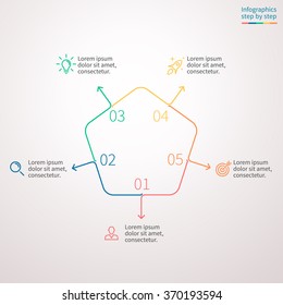 Outline infographics step by step. Linear diagram, scheme, graph with 5 steps, options, parts, processes with arrows. Vector thin line design element for presentation.