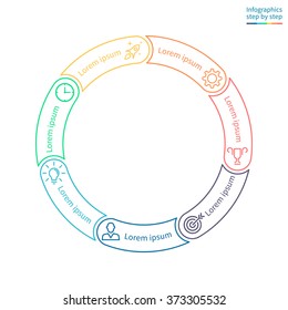 Outline infographics step by step. Linear pie chart, diagram, scheme, graph with 7 steps, options, parts, processes with rounded section. Vector thin line design element.