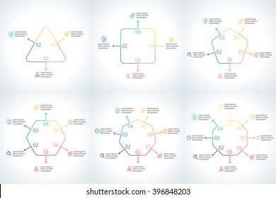 Outline infographics step by step. Linear charts, diagrams with 3, 4, 5, 6, 7, 8 steps, options, parts, processes with arrows. Vector thin line design element.