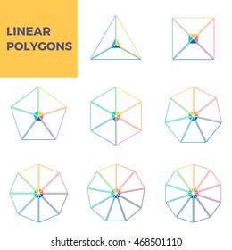 Outline infographics. Triangle, square, pentagon, hexagon, heptagon, octagon, enneagon, decagon. Linear diagrams with 3, 4, 5, 6, 7, 8, 9, 10 parts. Vector templates.