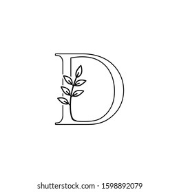 Outline Initial Letter D logo icon. Monogram Nature Floral leafs  vector design concept on black and white color.