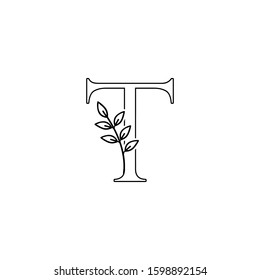 Outline Initial Letter T logo icon. Monogram Nature Floral leafs  vector design concept on black and white color.