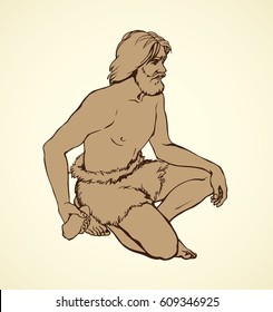 Outline ink drawn figure sketch in art retro archaic epoch engraving style. Aged habilis erectus cave-dweller in loincloth of fur animal skin squeeze big heavy hard rock in knuckle isolated on white