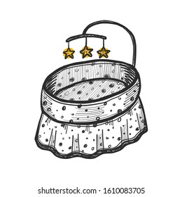 Outline ink hand drawn baby cot. Crib cradle bed isolated on white background. Grunge stylized sketch carousel with hanging stars. Banner, poster design element