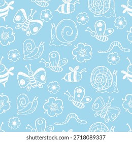 Esquema de insectos y flores sin patrón. Adorno dibujado a mano sobre fondo azul claro. Plantilla texturizada dibujo doodle. Ilustración vectorial. No es IA