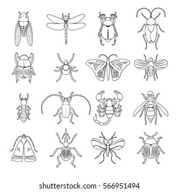 Outline insects icons set with different kinds of creatures on white background isolated vector illustration