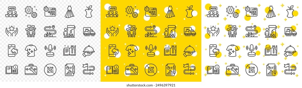 Outline Instruction info, Quick tips and Bike path line icons pack for web with Dress, Report document, Microphone line icon. Qr code, Truck transport, Restaurant food pictogram icon. Vector