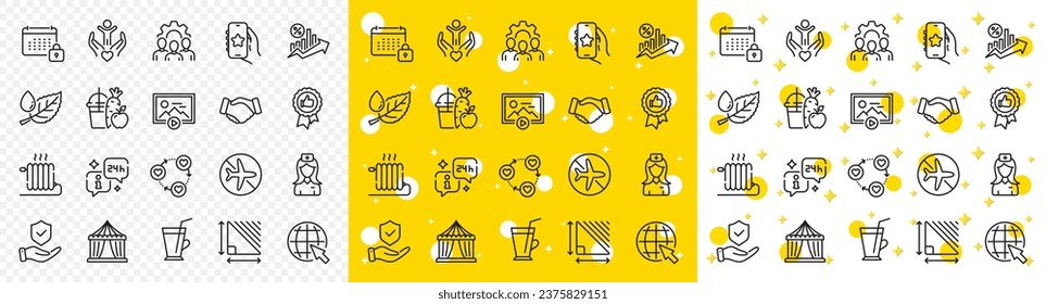 Outline Insurance hand, Radiator and Volunteer line icons pack for web with Positive feedback, Handshake, Internet line icon. Hospital nurse, Calendar, Info pictogram icon. Coffee cup. Vector