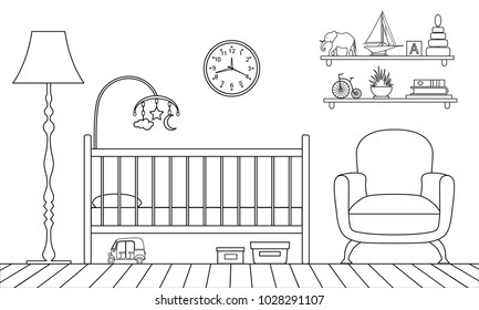 Outline interior of the children's room. Vector illustration. Linear style.