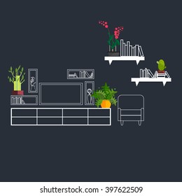 Outline interior decorated with flat home plant flowers.
