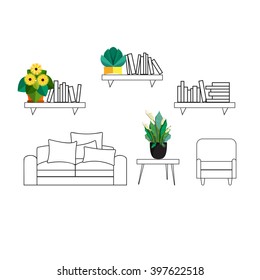 Outline interior decorated with flat home plant flowers.