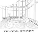 Outline of the interior with large windows with a sofa, armchairs, a table and other black lines isolated on a white background. Vector illustration.