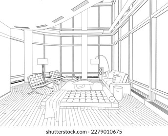 Outline of the interior with large windows with a sofa, armchairs, a table and other black lines isolated on a white background. Vector illustration.