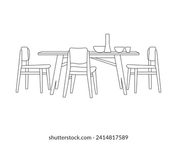 Outline interior. Round table and chairs outline. Table and chairs vector illustration. Vector sketch illustration of chair and dining table isolated white background.