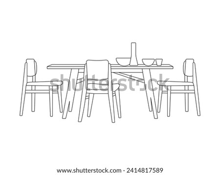 Outline interior. Round table and chairs outline. Table and chairs vector illustration. Vector sketch illustration of chair and dining table isolated white background.
