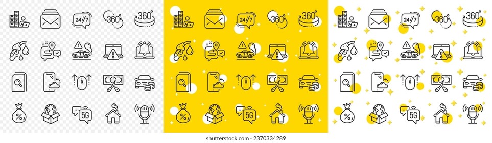 Outline Inventory, Delivery service and Microphone line icons pack for web with Buy car, Swipe up, Petrol station line icon. Smartphone cloud, Journey, 360 degree pictogram icon. Loan. Vector