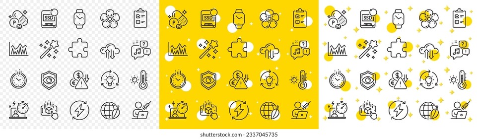 Outline Investment, Idea and Cloud sync line icons pack for web with Smartwatch, Magic wand, Vaccination appointment line icon. Checklist, Timer, Environment day pictogram icon. Vector