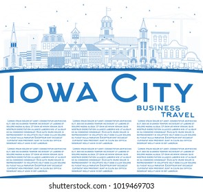 Outline Iowa City Skyline with Blue Buildings and Copy Space. Vector Illustration. Business Travel and Tourism Illustration with Historic Architecture.