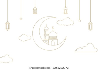 Outline Islamic Background design template for ramadan, eid alfitr, isra mi’raj, and islamic new year with mosque, Lantern, moon, and star.