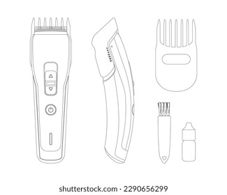 Outline isolated hair clipper. Contour trimmer blueprint. Barber tools drawing with accessories. Electric haircut machine. Hairdresser instrument in side, top views. Vector illustration