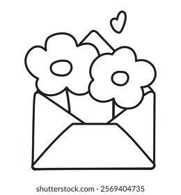 Outline isolated icon. Open envelope with two flowers. Black color vector illustration on white background.