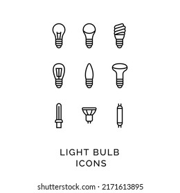 Outline isolated icons set of different led, halogen, edison light bulbs on white background.