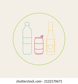 outline isolated vector glass Bottle beer symbol or water, corona line carbonated energy can isolated cola and soft drinks juice icon flat design. container set Alcohol of liquid or beverage Types art