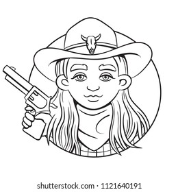 Outline isolated vector round illustration with young rodeo girl in cowboy hat and revolver in her hand.Can used for coloring book, printing on clothes, banners, posters, web design.