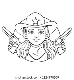 Outline isolated vector round illustration with young girl in sheriff hat and two revolvers in her hands.Can used for coloring book, printing on clothes, banners, posters, web design.