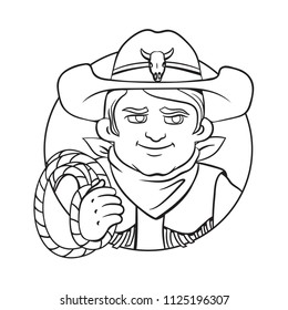 Outline isolated vector round illustration with young cowboy in  hat and lasso in his hand.Can used for coloring book, printing on clothes, banners, posters, web design.
