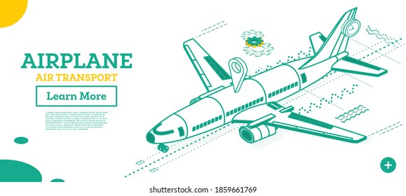 Outline Isometric Airplane Isolated on White. Take Off Passenger's Airliner. Commercial Jet.