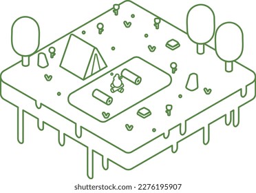 Outline isometric camping vector illustration. Camping scene with tent, fire, flowers.