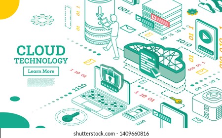 Outline Isometric Cloud Technology Networking Concept. Vector Illustration. Internet Data Services. Computing Online Storage. Cloud Platform. Cyber Security Template.