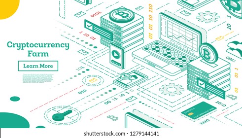 Outline Isometric Cryptocurrency Farm. Mining Servers. Vector Illustration. Blockchain Platform Creation of Digital Currency.