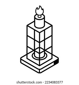 An outline isometric icon of fuel production 