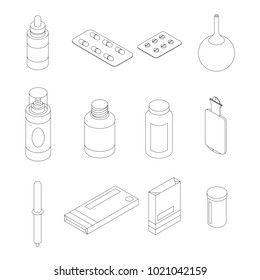 Outline isometric icons set of medicines and packages from drugs vector illustration