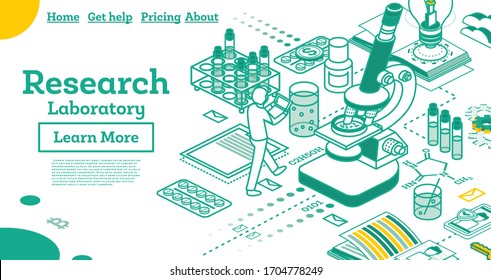 Outline Isometric Research Laboratory. Bacteriological Analysis. Vector Illustration. Landing Page with Scientist, Test Tubes and Microscope. Microbiological or Microscopy Research Lab.