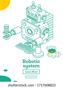 Outline Isometric Toy Robot with Artificial Intelligence Isolated on White. Vector Illustration. Robot Character. Future Technology.