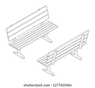 Outline isometric wooden park bench set. Vector illustration.