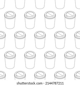 Outline Isometry Editable Vector Icon Of Hot Coffee Paper Cup With Hole From Cafe Seamless Pattern