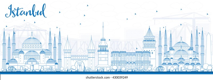 Outline Istanbul Skyline with Blue Landmarks. Vector Illustration. Business Travel and Tourism Concept with Istanbul City. Image for Presentation Banner Placard and Web Site.