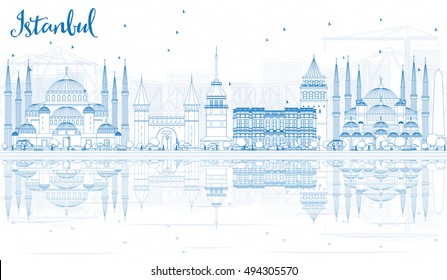 Outline Istanbul Skyline with Blue Landmarks and Reflections. Vector Illustration. Business Travel and Tourism Concept with Istanbul City. Image for Presentation Banner Placard and Web Site.