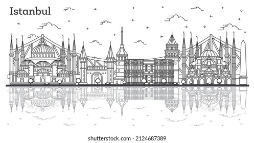 Outline Istanbul Turkey City Skyline with Reflections and Historic Buildings Isolated on White. Vector Illustration. Istanbul Cityscape with Landmarks.