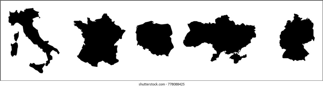 Outline of Italy, France, Spain, Ukraine and Germany maps, vector illustration