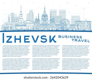 Outline Izhevsk Russia city skyline with blue buildings and copy space. Vector illustration. Izhevsk cityscape with landmarks. Business travel, tourism concept with modern and historic architecture.