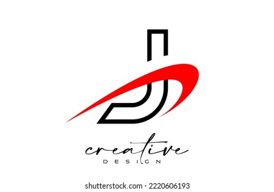 Diseño del logotipo de la letra de contorno J con Swoosh rojo creativo. Letra j Icono inicial con ilustración vectorial de forma curva.